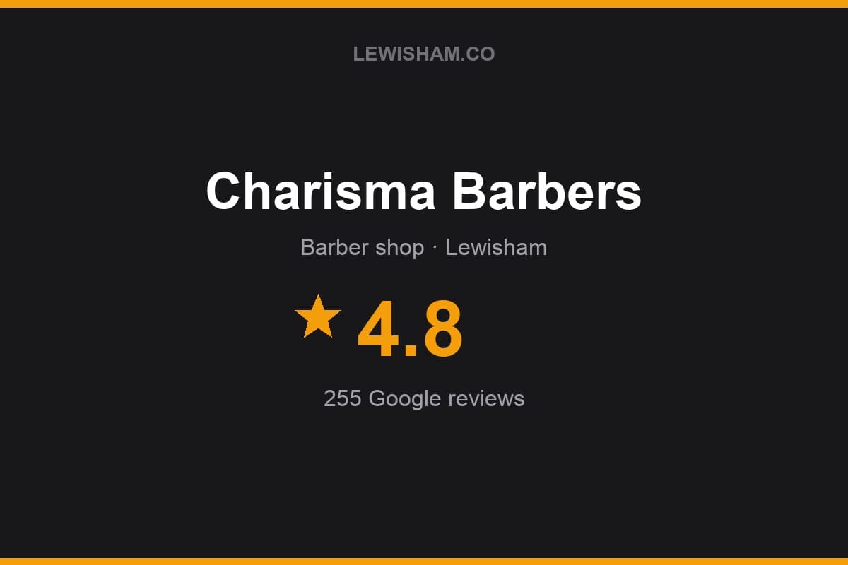 Branded Lewisham.co rating card for Charisma Barbers: 4.8 stars, 255 Google reviews