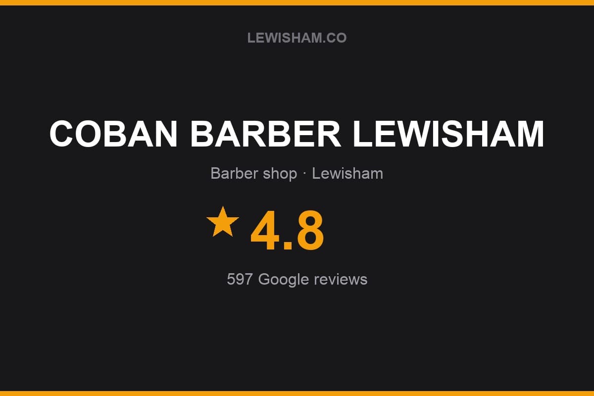 Branded Lewisham.co rating card for COBAN BARBER LEWISHAM: 4.8 stars, 597 Google reviews