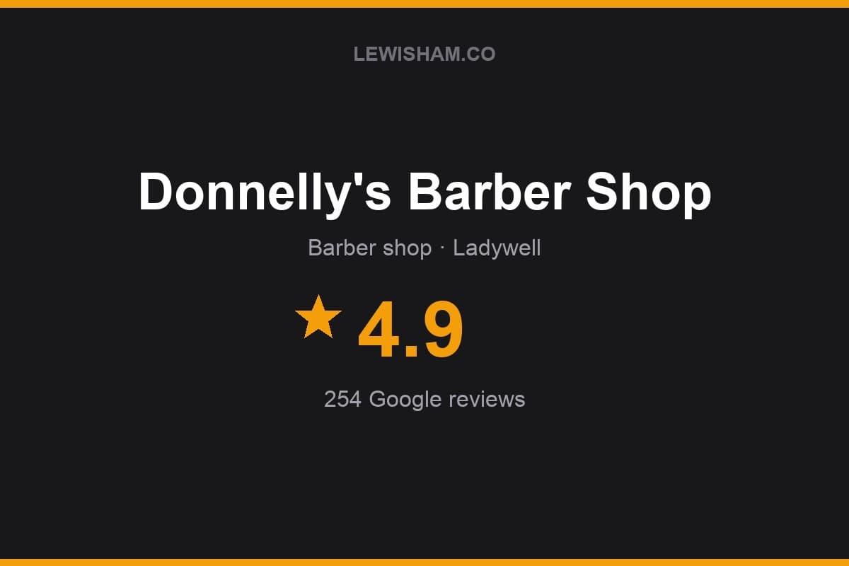 Branded Lewisham.co rating card for Donnelly's Barber Shop: 4.9 stars, 254 Google reviews