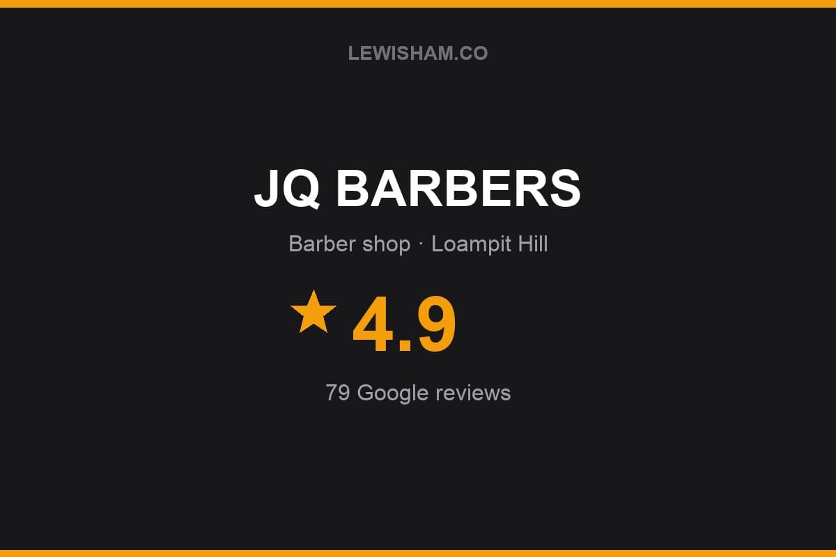 Branded Lewisham.co rating card for JQ BARBERS: 4.9 stars, 79 Google reviews