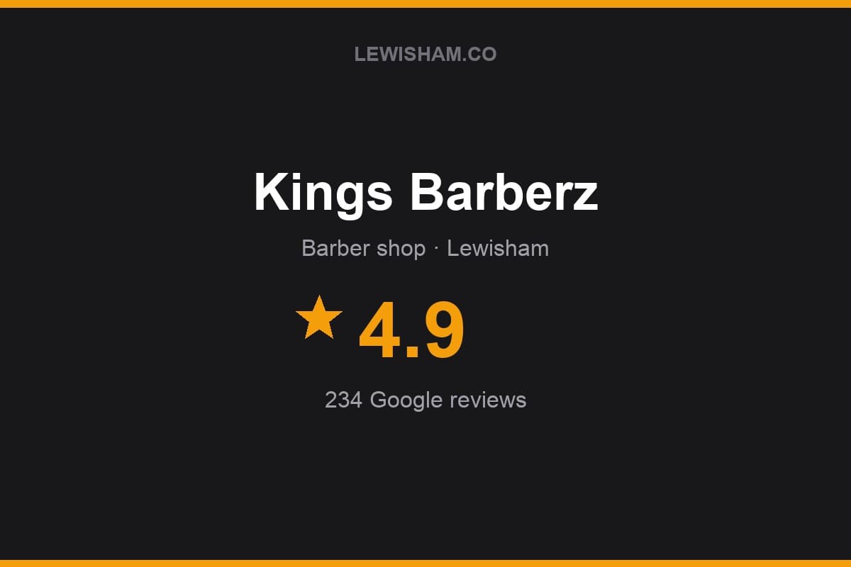 Branded Lewisham.co rating card for Kings Barberz: 4.9 stars, 234 Google reviews