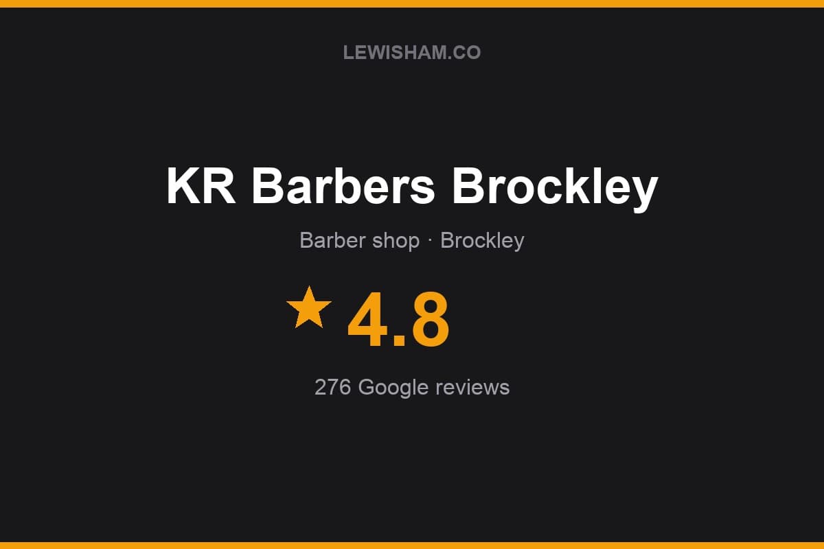 Branded Lewisham.co rating card for KR Barbers Brockley: 4.8 stars, 276 Google reviews