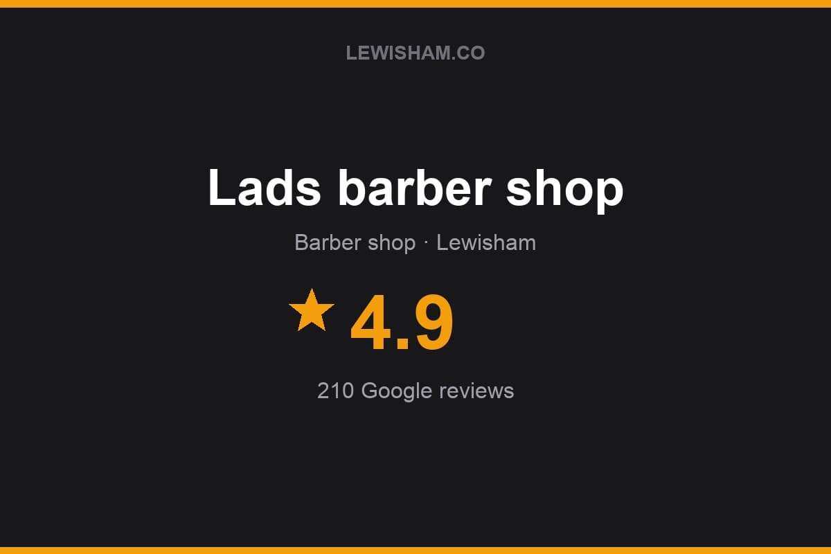 Branded Lewisham.co rating card for Lads barber shop: 4.9 stars, 210 Google reviews