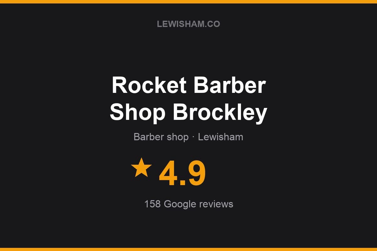 Branded Lewisham.co rating card for Rocket Barber Shop Brockley: 4.9 stars, 158 Google reviews