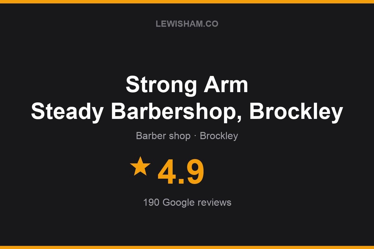 Branded Lewisham.co rating card for Strong Arm Steady Barbershop, Brockley: 4.9 stars, 190 Google reviews