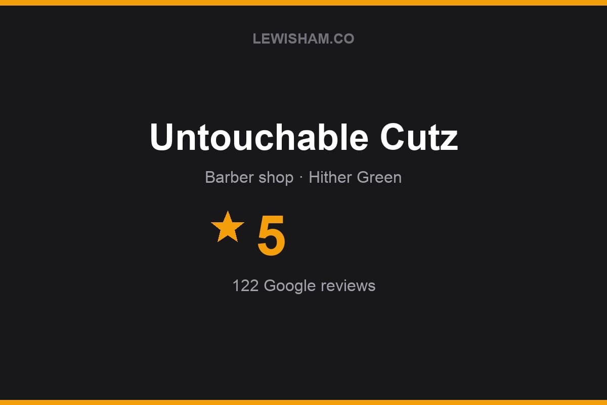 Branded Lewisham.co rating card for Untouchable Cutz: 5 stars, 122 Google reviews