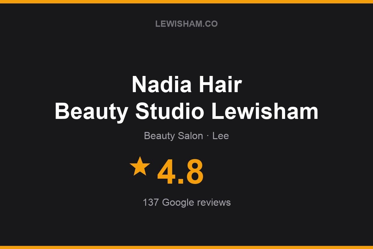 Branded Lewisham.co rating card for Nadia Hair Beauty Studio Lewisham: 4.8 stars, 137 Google reviews