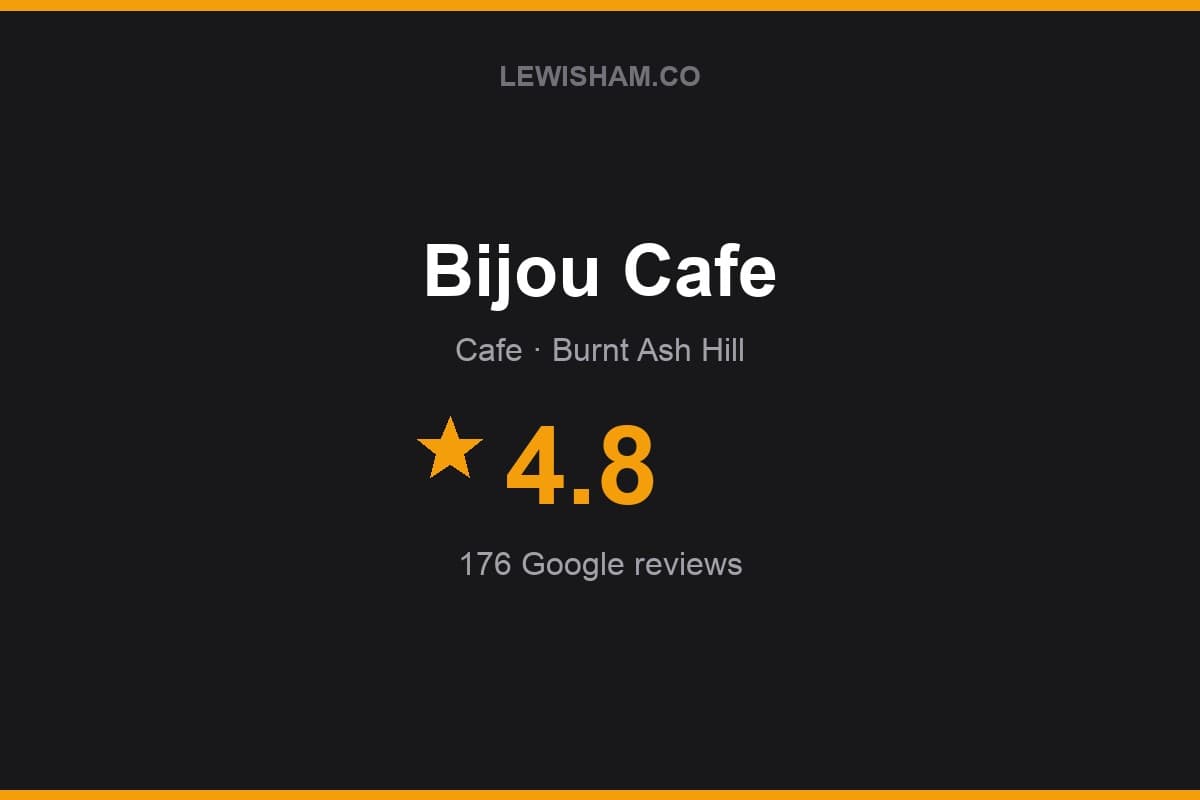 Branded Lewisham.co rating card for Bijou Cafe: 4.8 stars, 176 Google reviews