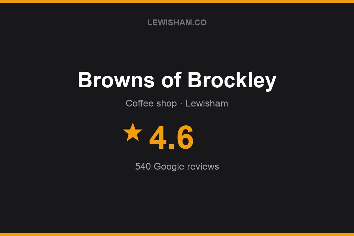 Branded Lewisham.co rating card for Browns of Brockley: 4.6 stars, 540 Google reviews
