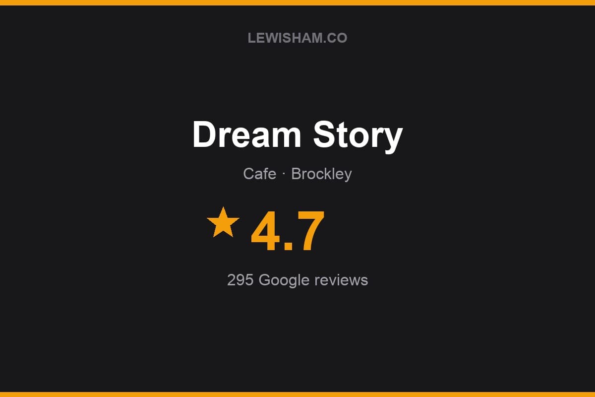 Branded Lewisham.co rating card for Dream Story: 4.7 stars, 295 Google reviews
