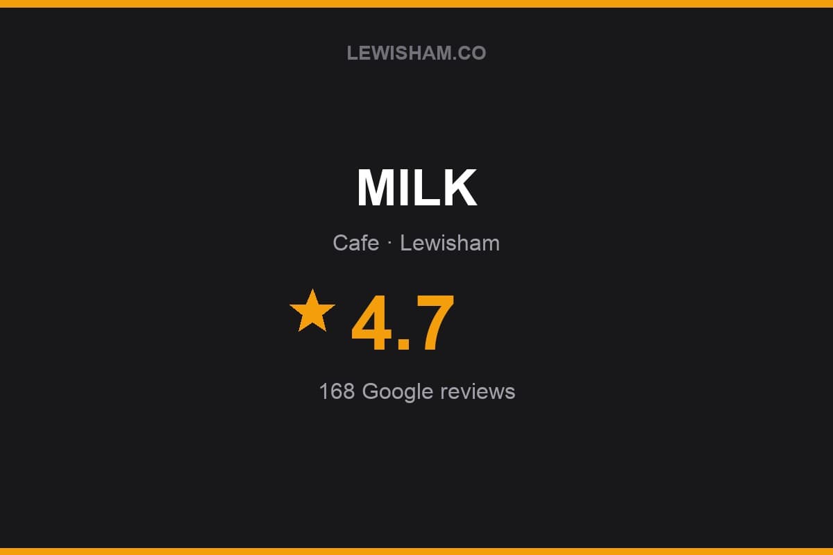 Branded Lewisham.co rating card for MILK: 4.7 stars, 168 Google reviews