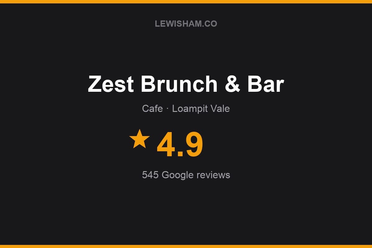 Branded Lewisham.co rating card for Zest Brunch & Bar: 4.9 stars, 545 Google reviews