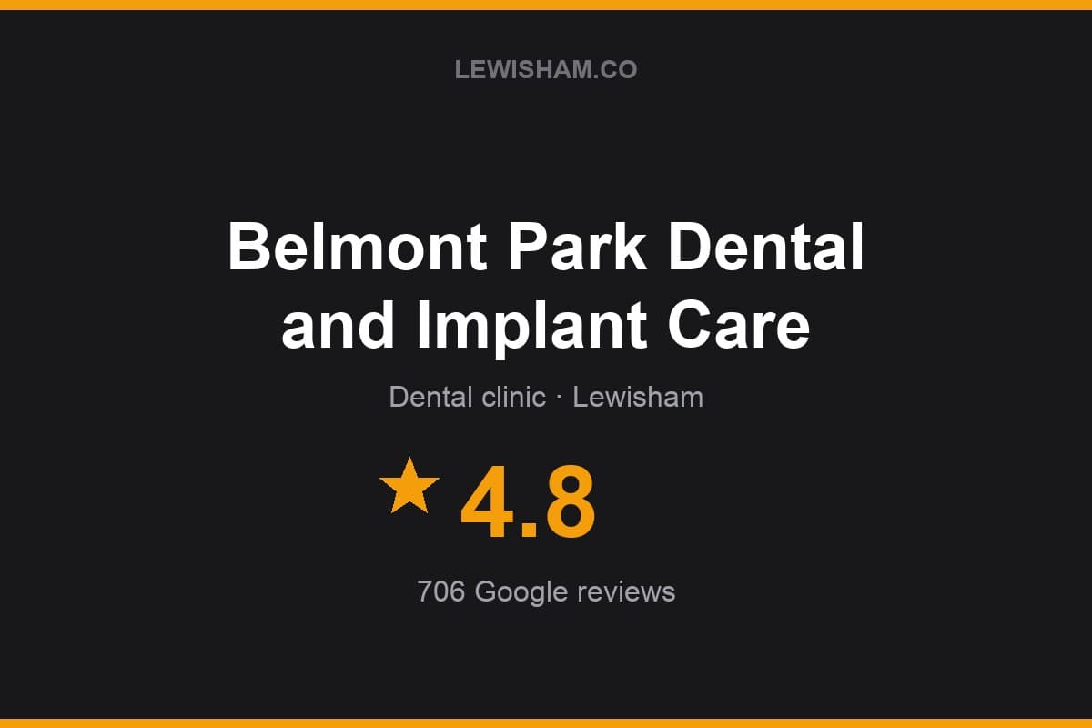 Branded Lewisham.co rating card for Belmont Park Dental and Implant Care: 4.8 stars, 706 Google reviews