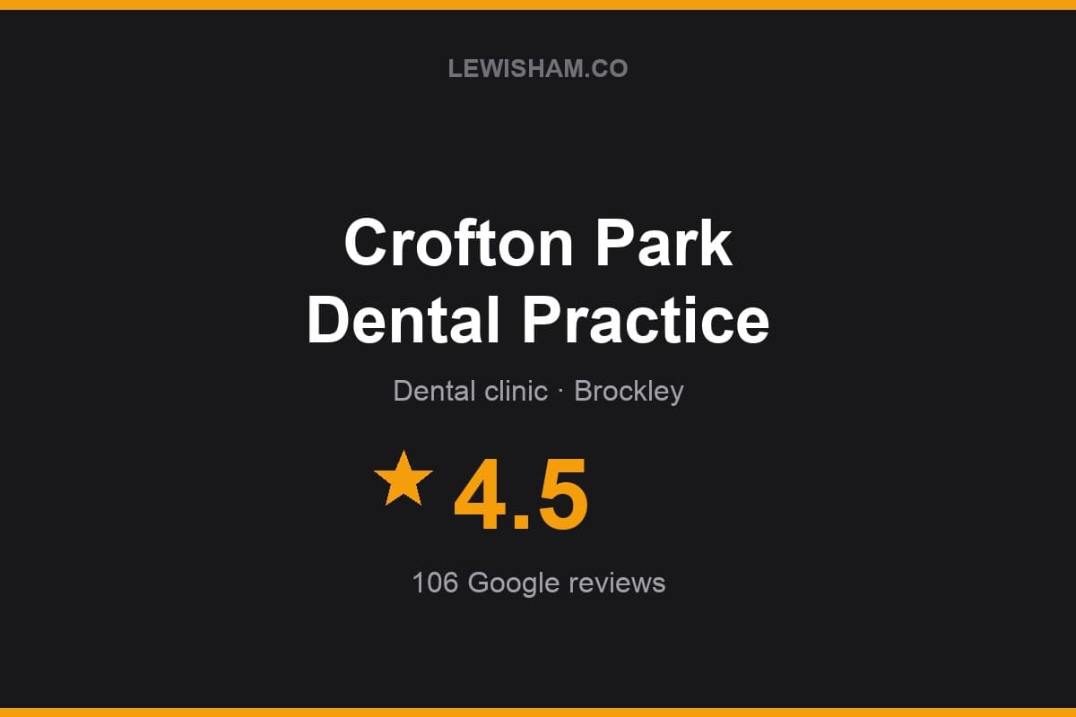 Branded Lewisham.co rating card for Crofton Park Dental Practice: 4.5 stars, 106 Google reviews