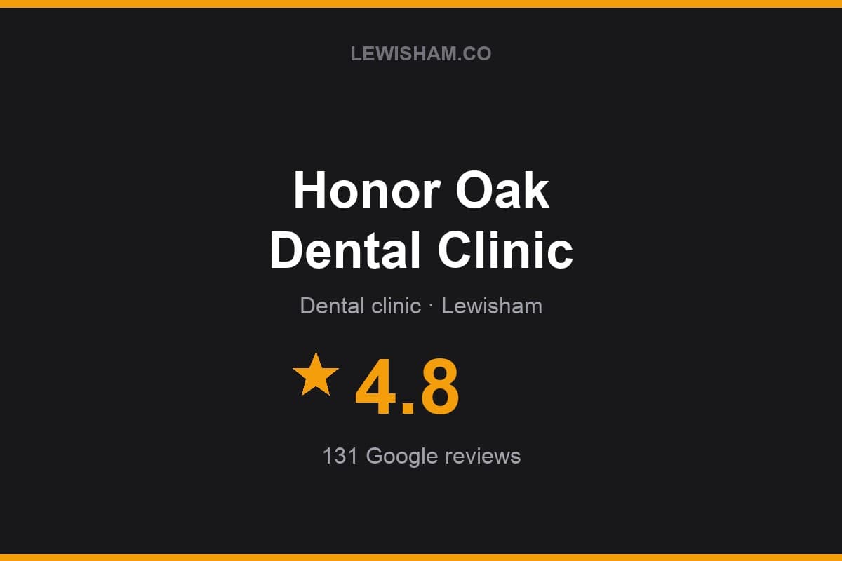 Branded Lewisham.co rating card for Honor Oak Dental Clinic: 4.8 stars, 131 Google reviews