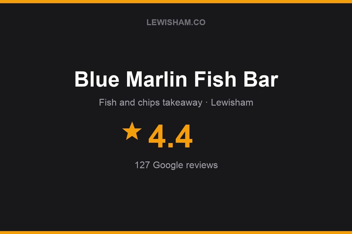 Branded Lewisham.co rating card for Blue Marlin Fish Bar: 4.4 stars, 127 Google reviews