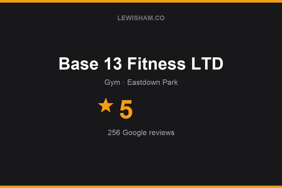 Branded Lewisham.co rating card for Base 13 Fitness LTD: 5 stars, 256 Google reviews