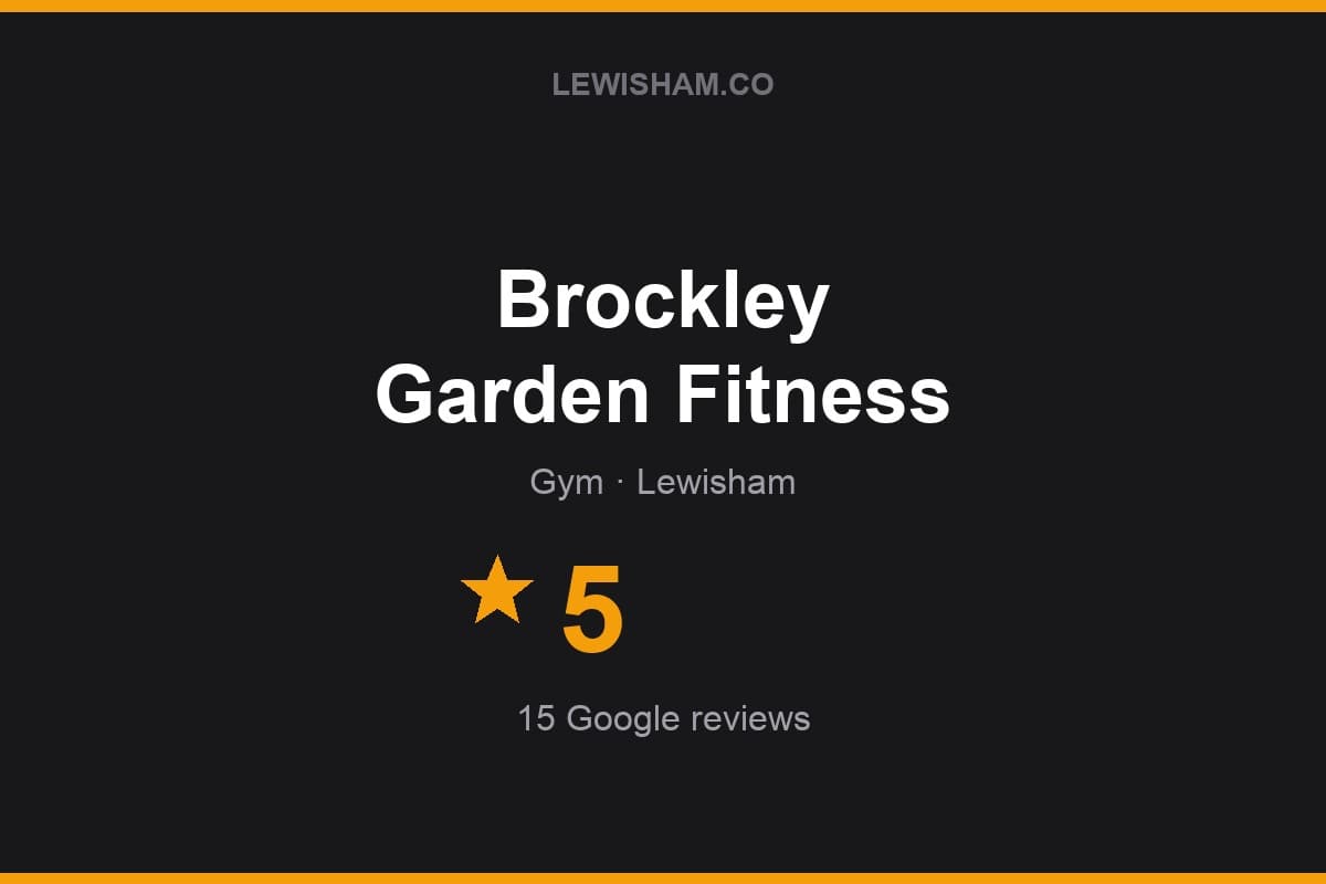 Branded Lewisham.co rating card for Brockley Garden Fitness: 5 stars, 15 Google reviews