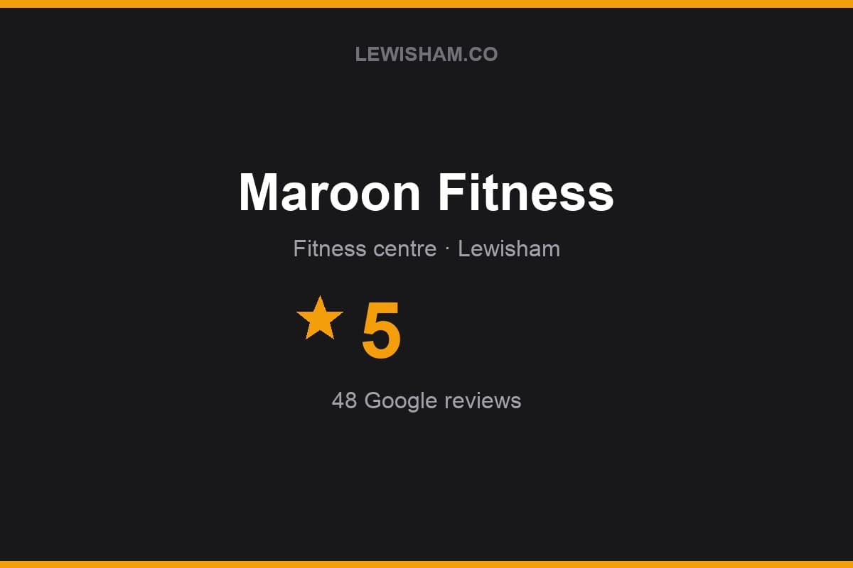 Branded Lewisham.co rating card for Maroon Fitness: 5 stars, 48 Google reviews