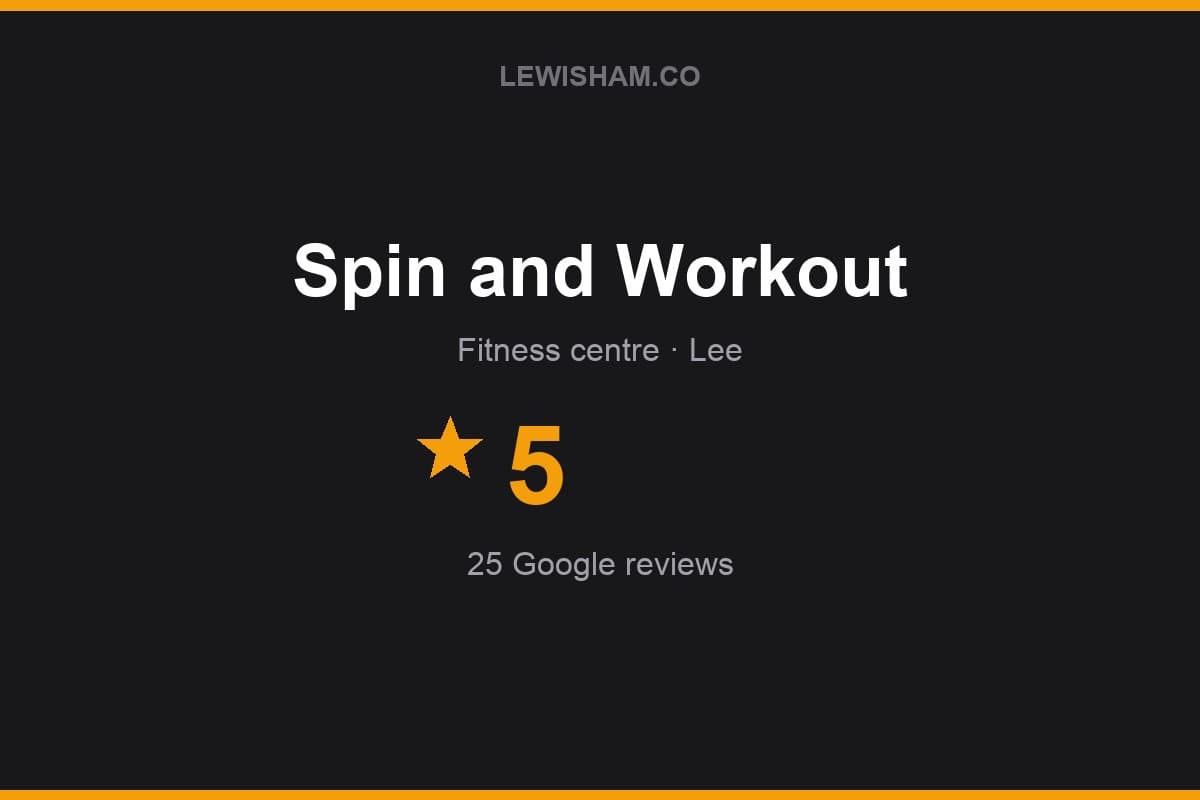 Branded Lewisham.co rating card for Spin and Workout: 5 stars, 25 Google reviews
