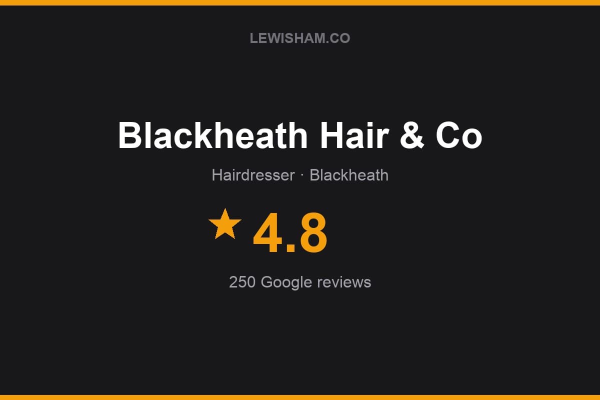 Branded Lewisham.co rating card for Blackheath Hair & Co: 4.8 stars, 250 Google reviews