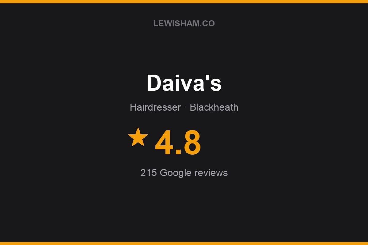 Branded Lewisham.co rating card for Daiva's: 4.8 stars, 215 Google reviews