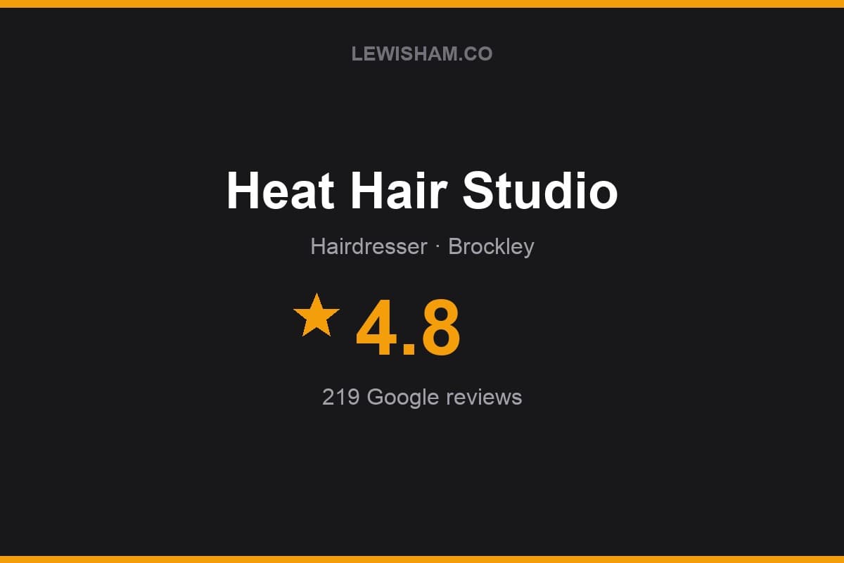 Branded Lewisham.co rating card for Heat Hair Studio: 4.8 stars, 219 Google reviews