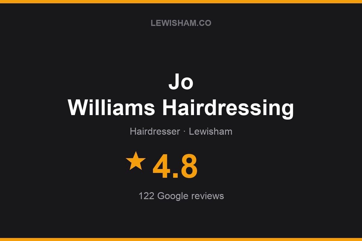 Branded Lewisham.co rating card for Jo Williams Hairdressing: 4.8 stars, 122 Google reviews