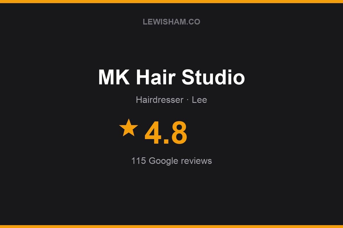 Branded Lewisham.co rating card for MK Hair Studio: 4.8 stars, 115 Google reviews