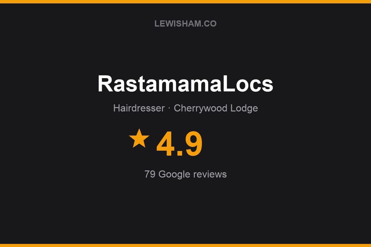 Branded Lewisham.co rating card for RastamamaLocs: 4.9 stars, 79 Google reviews