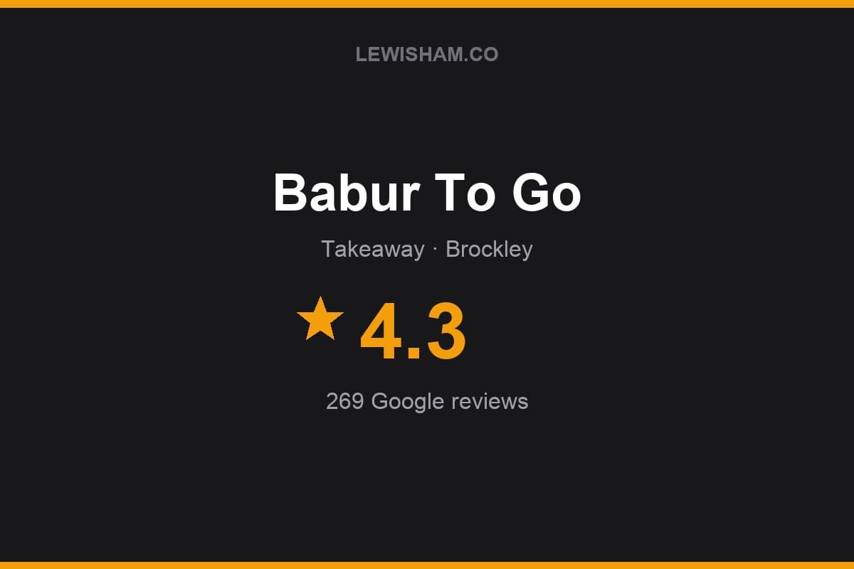 Branded Lewisham.co rating card for Babur To Go: 4.3 stars, 269 Google reviews
