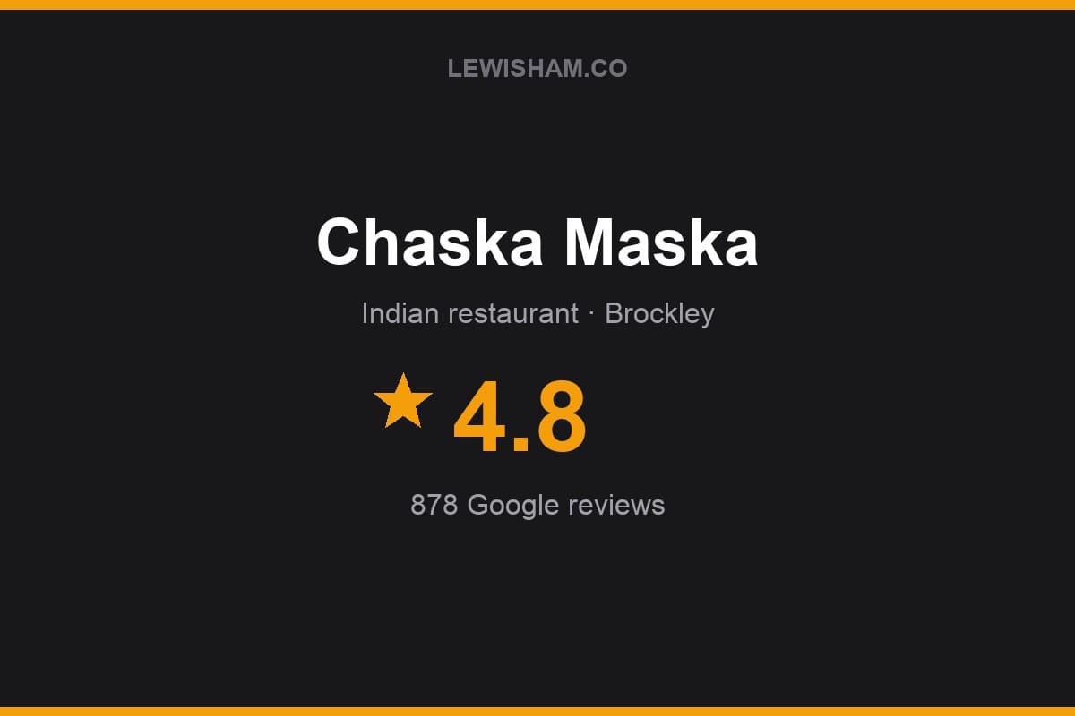 Branded Lewisham.co rating card for Chaska Maska: 4.8 stars, 878 Google reviews