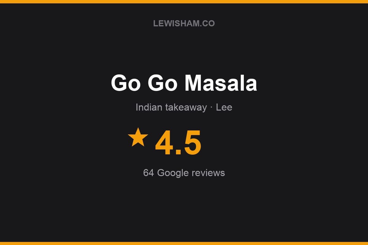Branded Lewisham.co rating card for Go Go Masala: 4.5 stars, 64 Google reviews