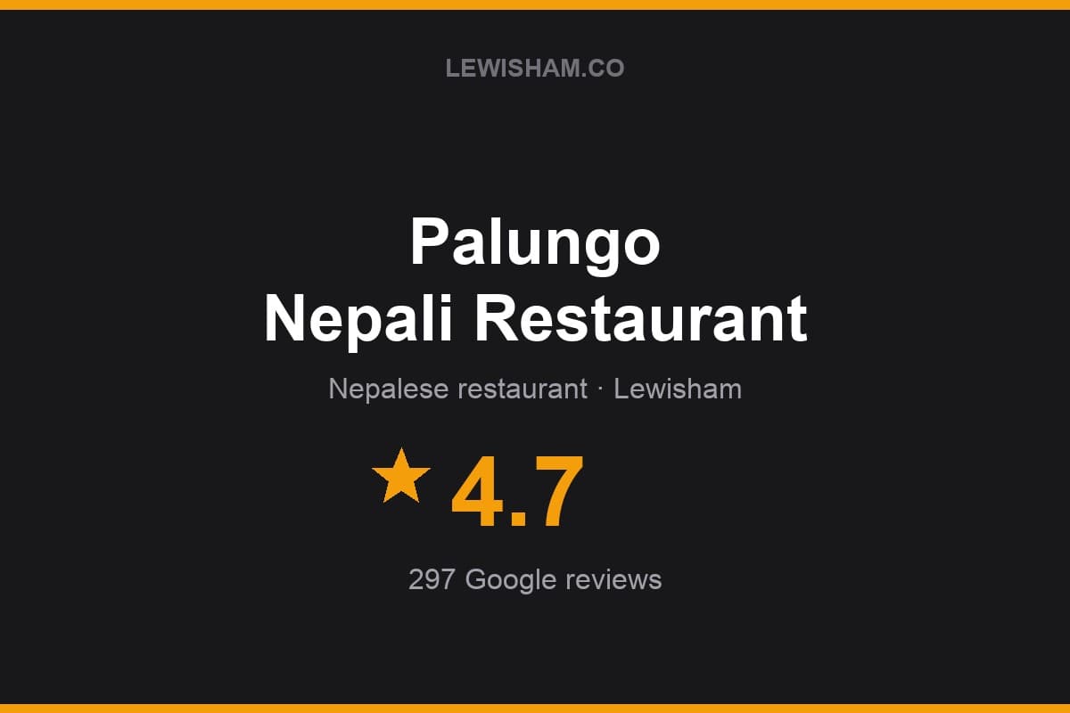 Branded Lewisham.co rating card for Palungo Nepali Restaurant: 4.7 stars, 297 Google reviews