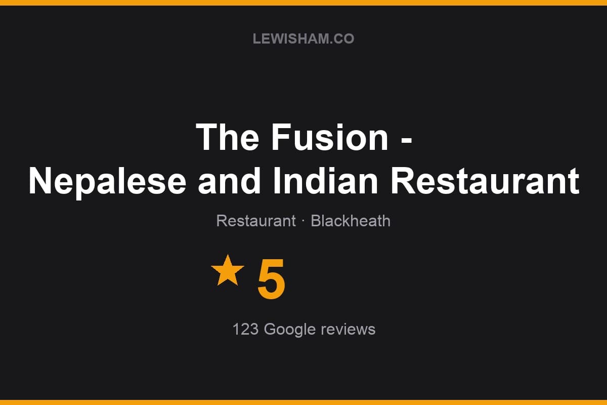 Branded Lewisham.co rating card for The Fusion - Nepalese and Indian Restaurant: 5 stars, 123 Google reviews