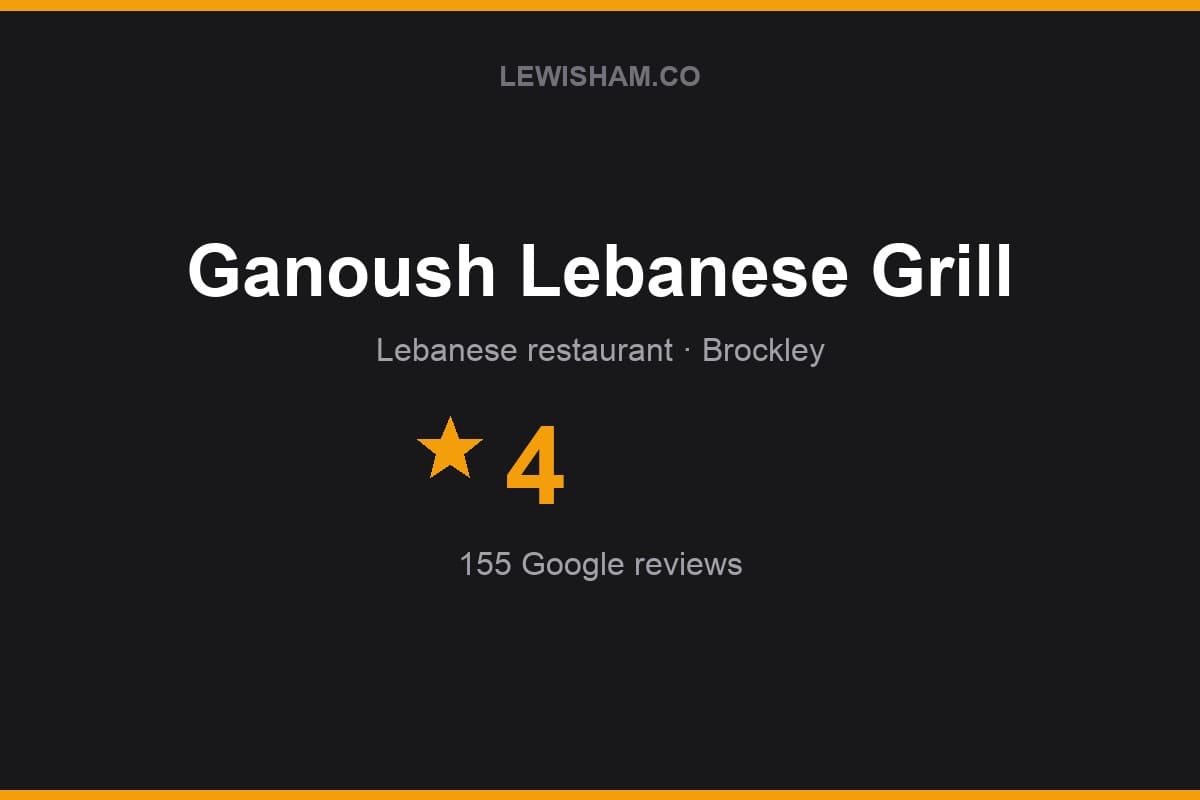 Branded Lewisham.co rating card for Ganoush Lebanese Grill: 4 stars, 155 Google reviews