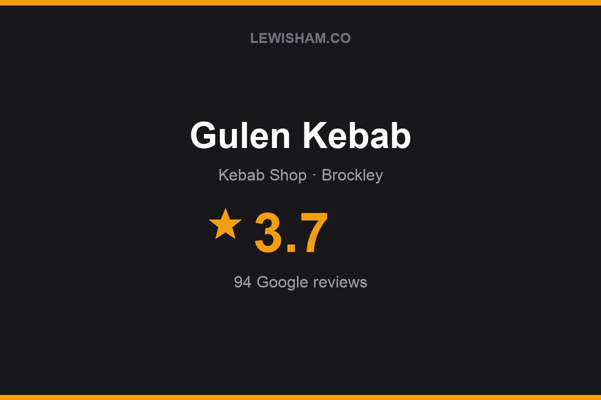 Branded Lewisham.co rating card for Gulen Kebab: 3.7 stars, 94 Google reviews