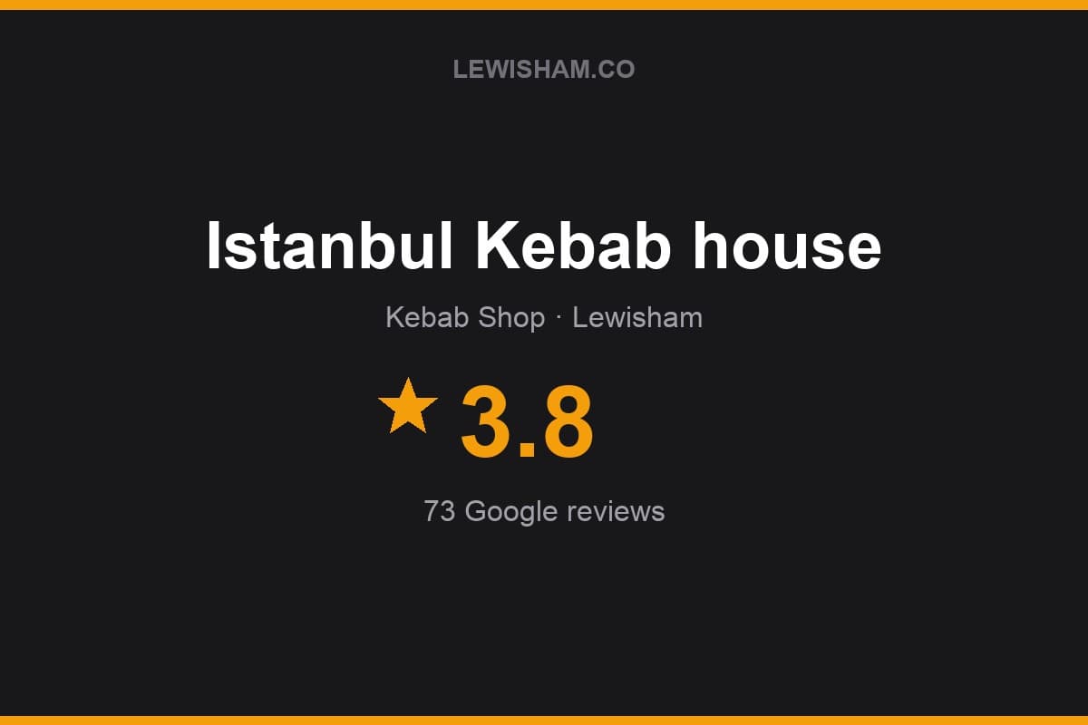 Branded Lewisham.co rating card for Istanbul Kebab house: 3.8 stars, 73 Google reviews