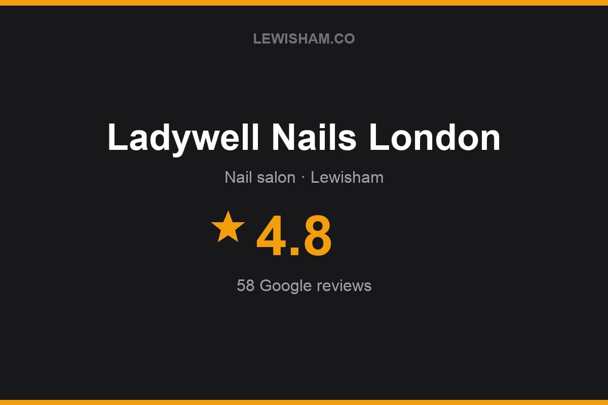 Branded Lewisham.co rating card for Ladywell Nails London: 4.8 stars, 58 Google reviews