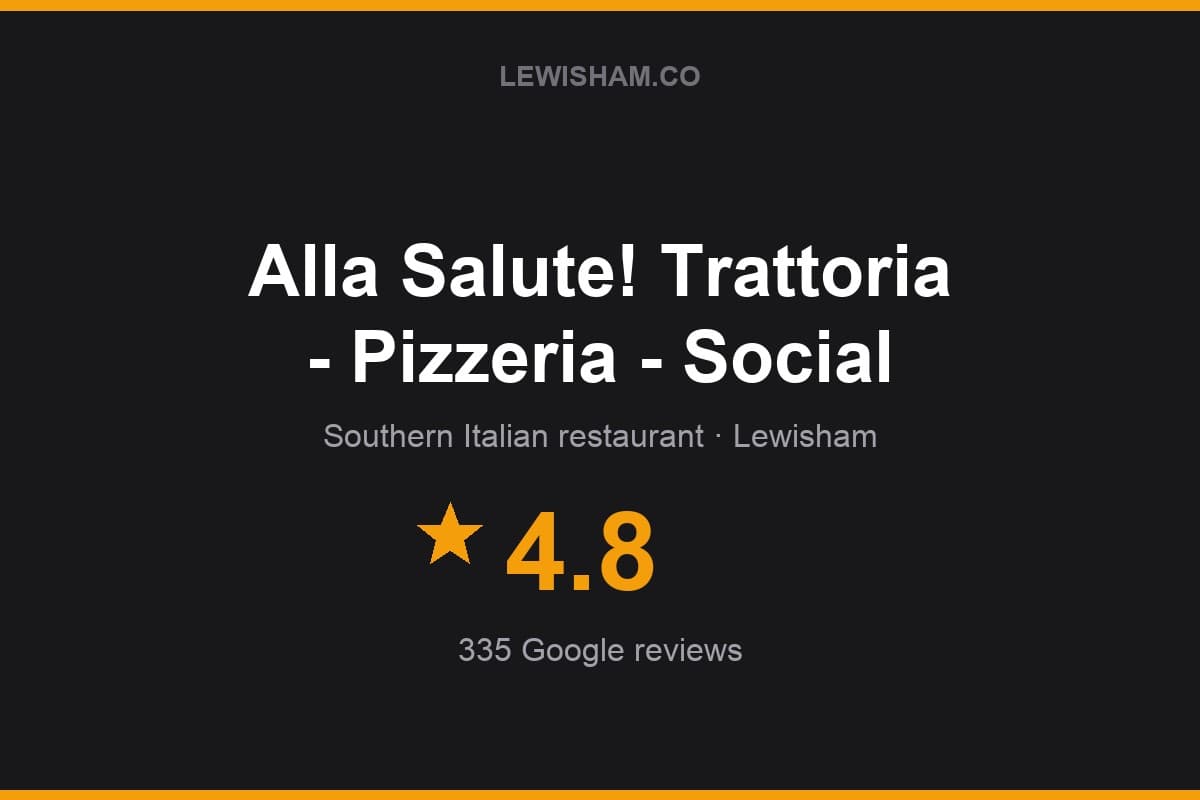 Branded Lewisham.co rating card for Alla Salute! Trattoria - Pizzeria - Social: 4.8 stars, 335 Google reviews