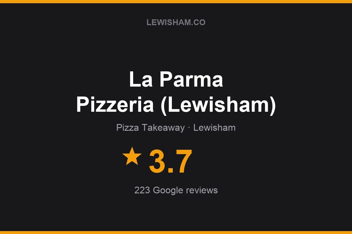 Branded Lewisham.co rating card for La Parma Pizzeria (Lewisham): 3.7 stars, 223 Google reviews