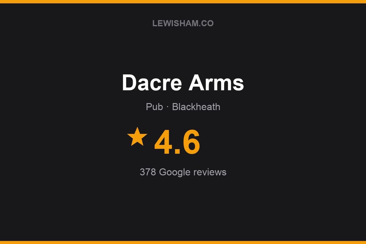 Branded Lewisham.co rating card for Dacre Arms: 4.6 stars, 378 Google reviews