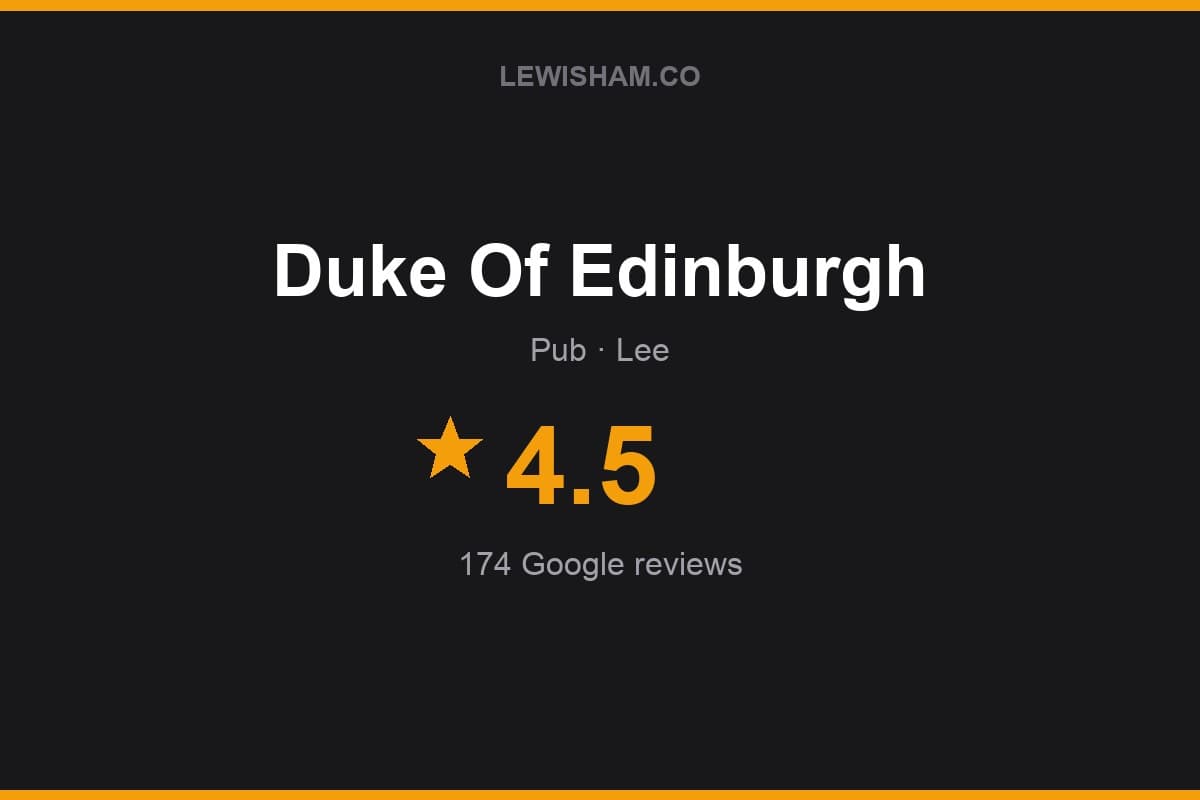 Branded Lewisham.co rating card for Duke Of Edinburgh: 4.5 stars, 174 Google reviews