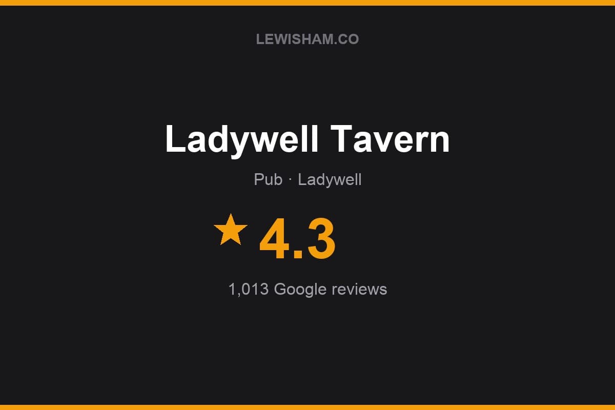 Branded Lewisham.co rating card for Ladywell Tavern: 4.3 stars, 1,013 Google reviews