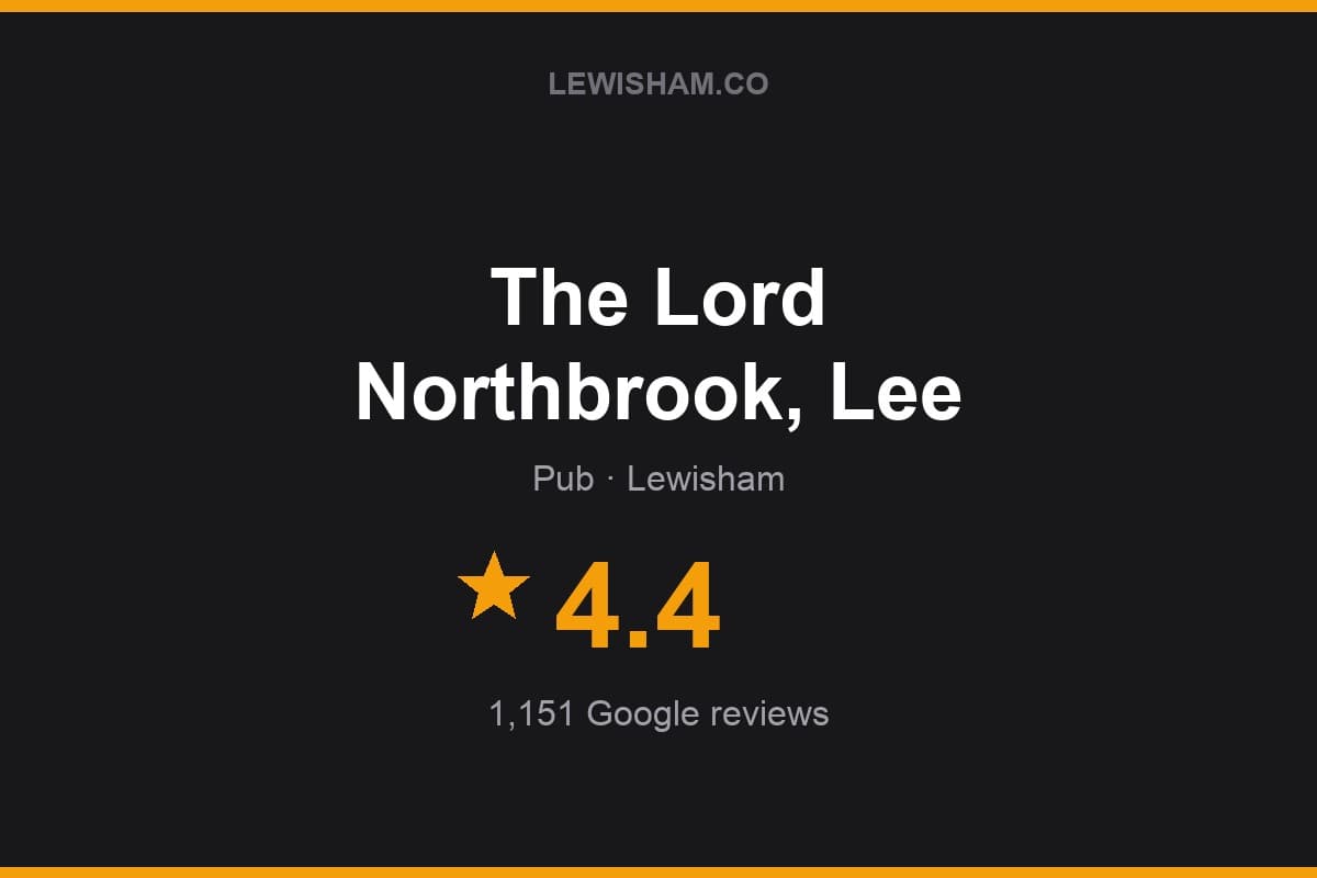 Branded Lewisham.co rating card for The Lord Northbrook, Lee: 4.4 stars, 1,151 Google reviews