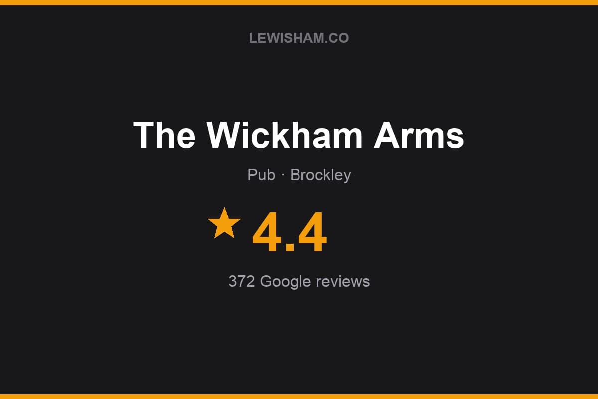 Branded Lewisham.co rating card for The Wickham Arms: 4.4 stars, 372 Google reviews
