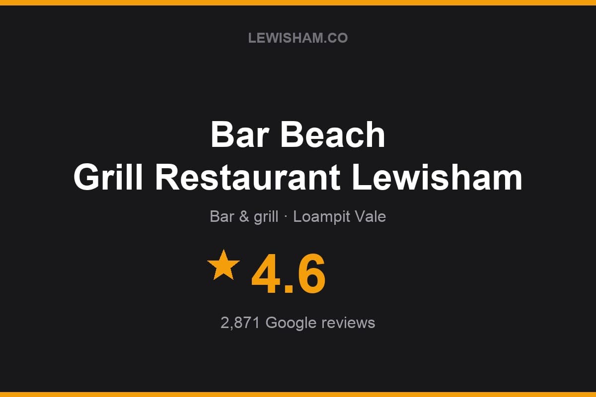 Branded Lewisham.co rating card for Bar Beach Grill Restaurant Lewisham: 4.6 stars, 2,871 Google reviews