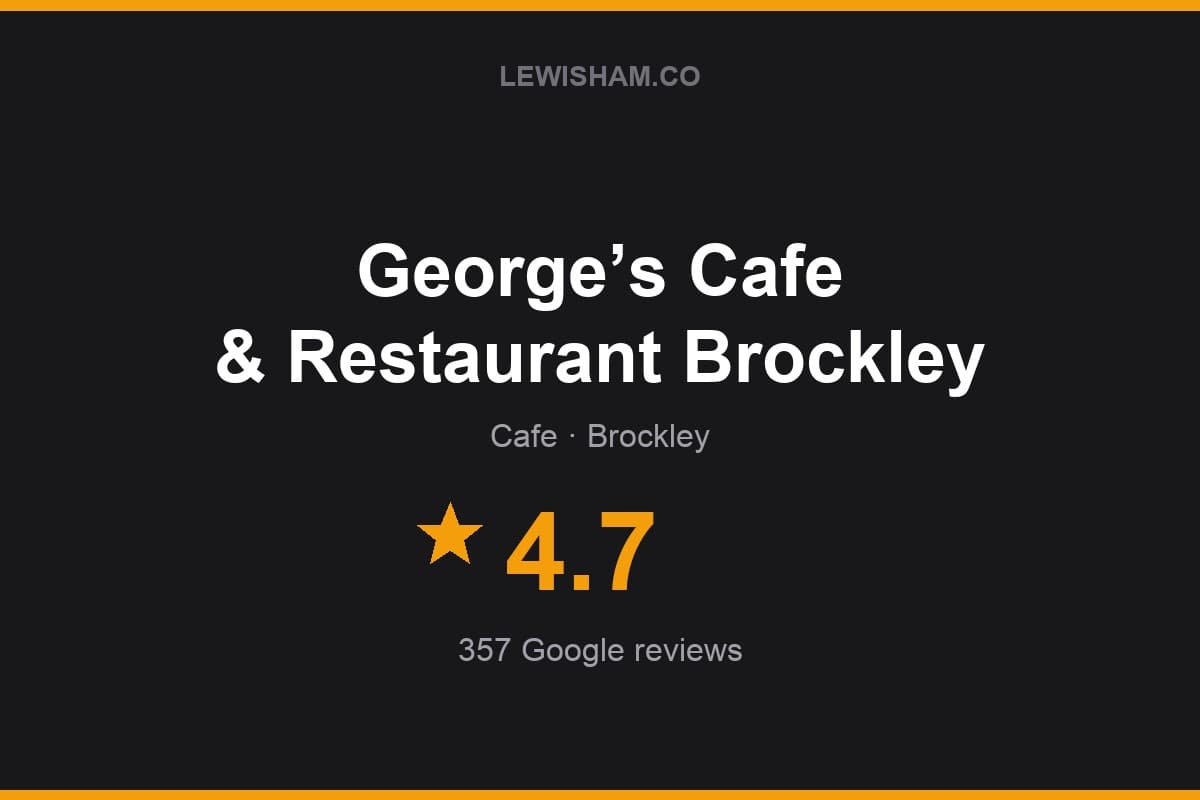 Branded Lewisham.co rating card for George’s Cafe & Restaurant Brockley: 4.7 stars, 357 Google reviews