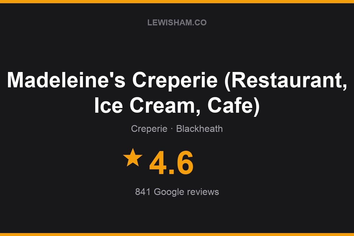 Branded Lewisham.co rating card for Madeleine's Creperie (Restaurant, Ice Cream, Cafe): 4.6 stars, 841 Google reviews