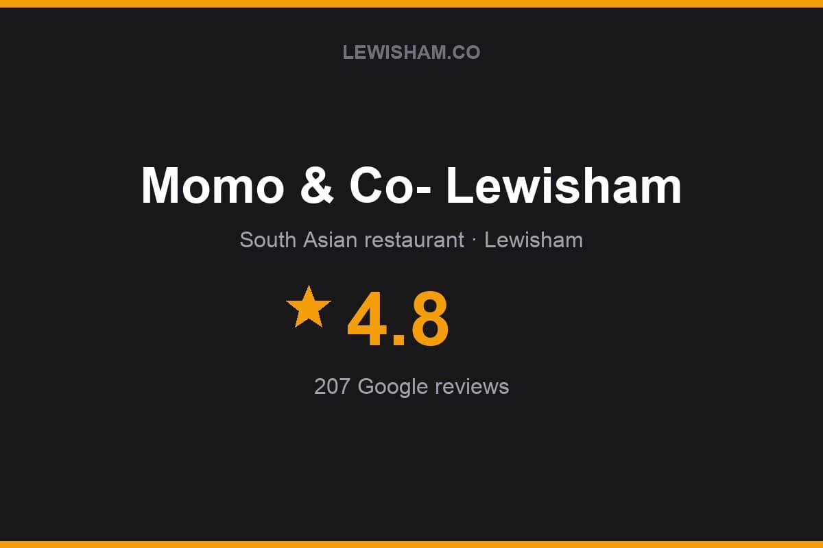 Branded Lewisham.co rating card for Momo & Co- Lewisham: 4.8 stars, 207 Google reviews